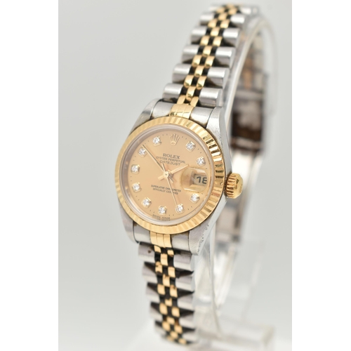 15 - A LADIES BOXED 'ROLEX OYSTER PERPETUAL DATE JUST' WRISTWATCH, round gold dial signed 'Rolex Oyster P... 