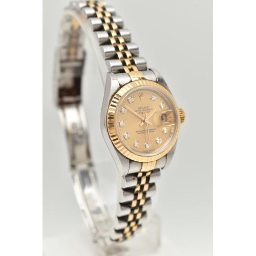 15 - A LADIES BOXED 'ROLEX OYSTER PERPETUAL DATE JUST' WRISTWATCH, round gold dial signed 'Rolex Oyster P... 