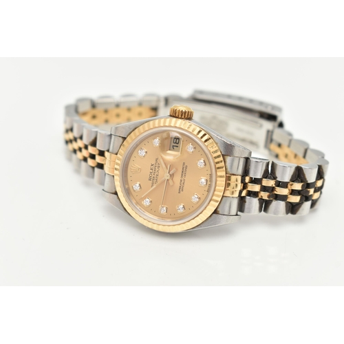 15 - A LADIES BOXED 'ROLEX OYSTER PERPETUAL DATE JUST' WRISTWATCH, round gold dial signed 'Rolex Oyster P... 