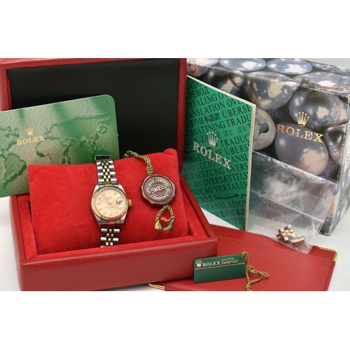 15 - A LADIES BOXED 'ROLEX OYSTER PERPETUAL DATE JUST' WRISTWATCH, round gold dial signed 'Rolex Oyster P... 