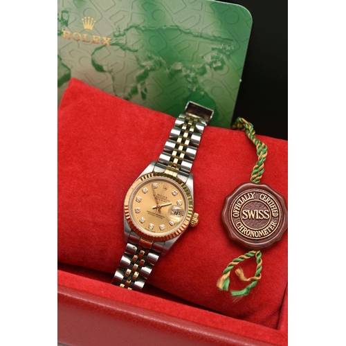 15 - A LADIES BOXED 'ROLEX OYSTER PERPETUAL DATE JUST' WRISTWATCH, round gold dial signed 'Rolex Oyster P... 