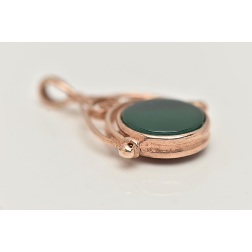 24 - A 9CT GOLD SWIVEL FOB PENDANT, set with green chalcedony and carnelian inlays, scroll surmount with ... 