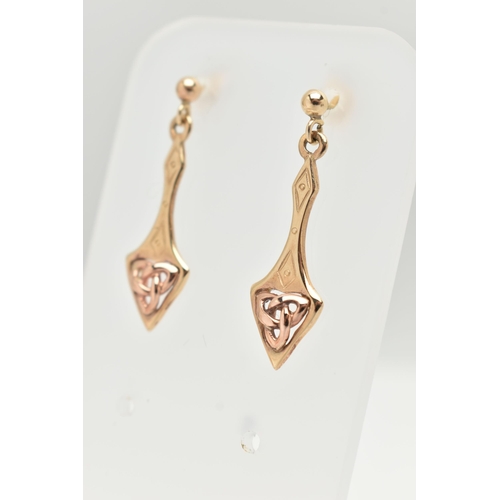 26 - A BOXED PAIR OF WELSH GOLD DROP EARRINGS, Celtic pattern drop earrings, to the post and scroll fitti... 