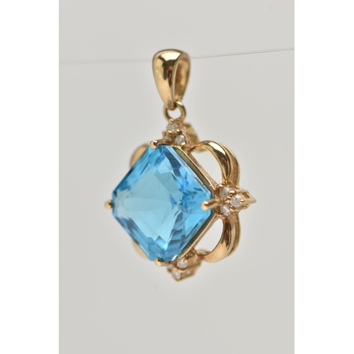 28 - A 9CT GOLD BLUE TOPAZ AND DIAMOND PENDANT, set with a square cut blue topaz with single cut diamond ... 