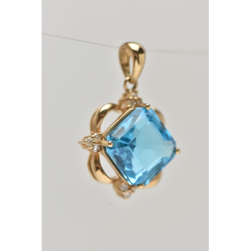 28 - A 9CT GOLD BLUE TOPAZ AND DIAMOND PENDANT, set with a square cut blue topaz with single cut diamond ... 