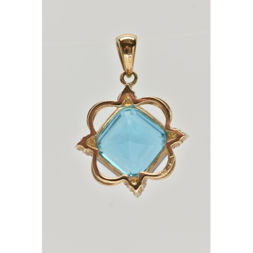 28 - A 9CT GOLD BLUE TOPAZ AND DIAMOND PENDANT, set with a square cut blue topaz with single cut diamond ... 