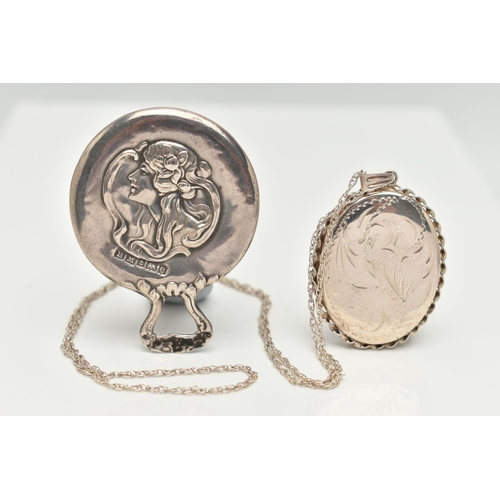 33 - A SILVER MIRROR AND A LOCKET PENDANT WITH CHAIN, Art Nouveau style small mirror, hallmarked 'Henry M... 