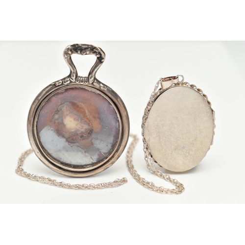 33 - A SILVER MIRROR AND A LOCKET PENDANT WITH CHAIN, Art Nouveau style small mirror, hallmarked 'Henry M... 