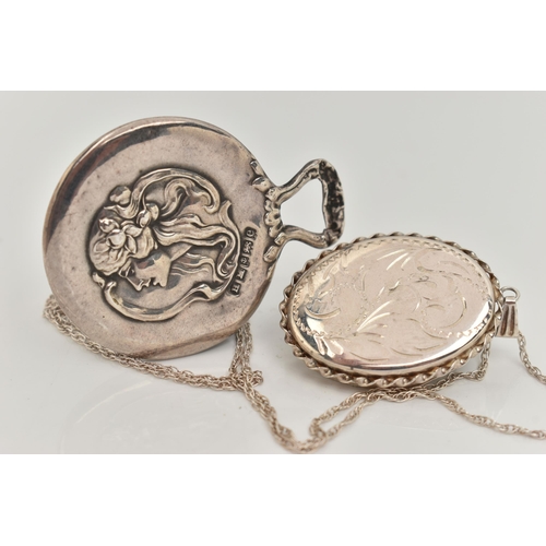 33 - A SILVER MIRROR AND A LOCKET PENDANT WITH CHAIN, Art Nouveau style small mirror, hallmarked 'Henry M... 