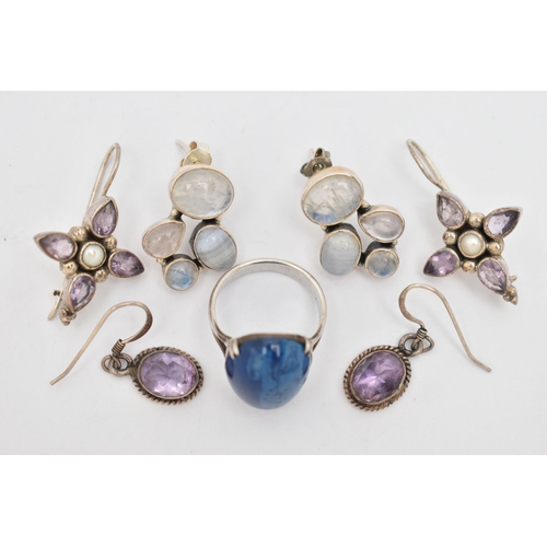 35 - THREE PAIRS OF WHITE METAL EARRINGS AND A RING, to include a pair of moonstone and blue lace agate e... 