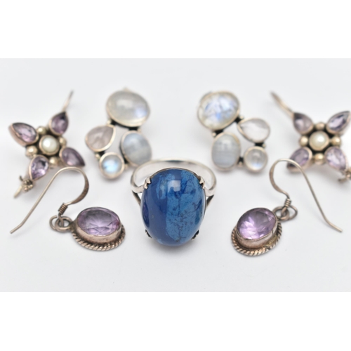 35 - THREE PAIRS OF WHITE METAL EARRINGS AND A RING, to include a pair of moonstone and blue lace agate e... 