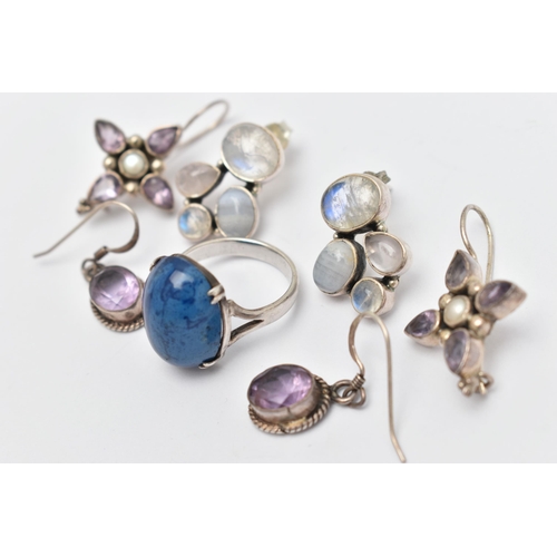 35 - THREE PAIRS OF WHITE METAL EARRINGS AND A RING, to include a pair of moonstone and blue lace agate e... 