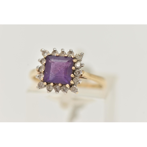 36 - A 9CT GOLD AMETHYST AND DIAMOND CLUSTER RING, set with a central square cut amethyst, in a surround ... 