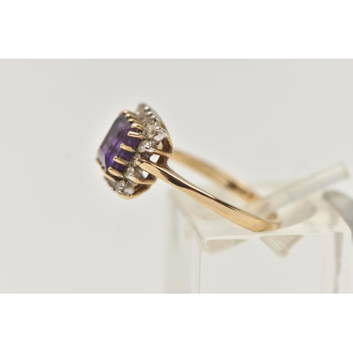 36 - A 9CT GOLD AMETHYST AND DIAMOND CLUSTER RING, set with a central square cut amethyst, in a surround ... 