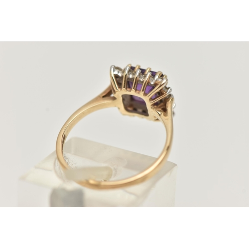 36 - A 9CT GOLD AMETHYST AND DIAMOND CLUSTER RING, set with a central square cut amethyst, in a surround ... 