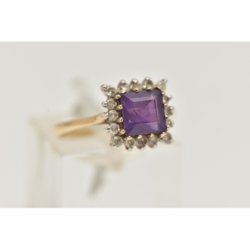 36 - A 9CT GOLD AMETHYST AND DIAMOND CLUSTER RING, set with a central square cut amethyst, in a surround ... 