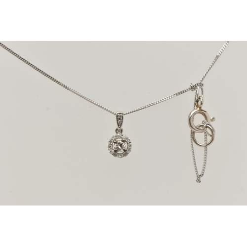 37 - A 9CT WHITE GOLD DIAMOND PENDANT AND WHITE METAL CHAIN, a circular cluster pendant, set with a centr... 