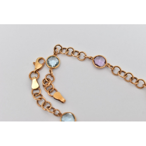 38 - A 9CT GOLD GEM SET LINE BRACELET, designed as a circular link bracelet set with two circular cut ame... 