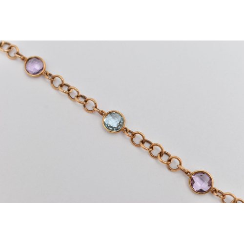 38 - A 9CT GOLD GEM SET LINE BRACELET, designed as a circular link bracelet set with two circular cut ame... 