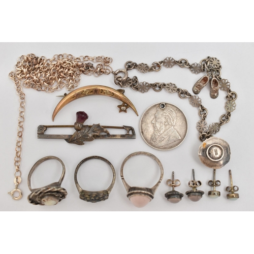 39 - A SMALL BAG OF ASSORTED JEWELLERY, to include two white metal rings, both stamped 'Silver', an unmar... 