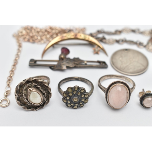 39 - A SMALL BAG OF ASSORTED JEWELLERY, to include two white metal rings, both stamped 'Silver', an unmar... 