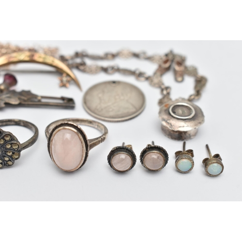 39 - A SMALL BAG OF ASSORTED JEWELLERY, to include two white metal rings, both stamped 'Silver', an unmar... 