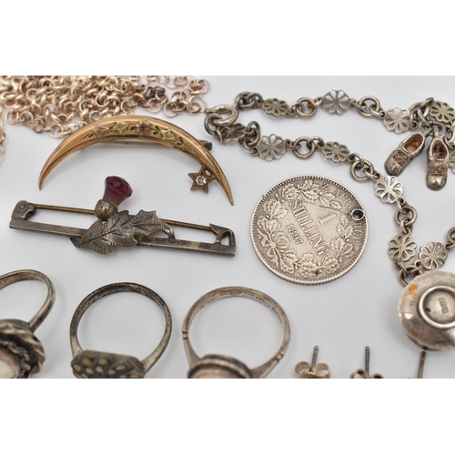 39 - A SMALL BAG OF ASSORTED JEWELLERY, to include two white metal rings, both stamped 'Silver', an unmar... 