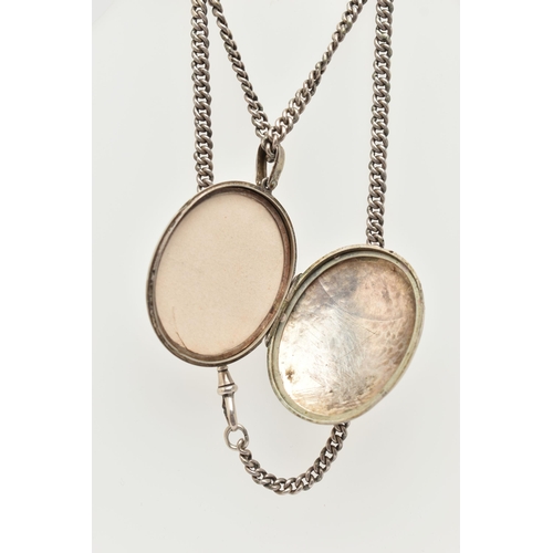 40 - A WHITE METAL OVAL LOCKET WITH CHAIN, polished oval locket with engraved monogram, fitted with a bai... 