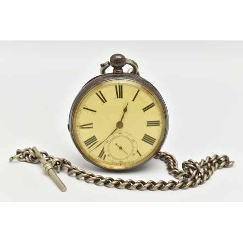 42 - A SILVER OPEN FACE POCKET WATCH AND ALBERT CHAIN, the key wound pocket watch, round white Roman nume... 