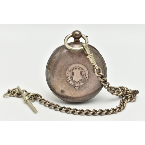 42 - A SILVER OPEN FACE POCKET WATCH AND ALBERT CHAIN, the key wound pocket watch, round white Roman nume... 