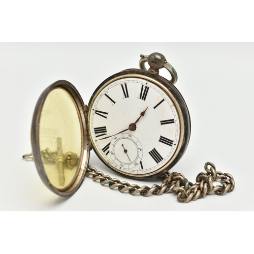 42 - A SILVER OPEN FACE POCKET WATCH AND ALBERT CHAIN, the key wound pocket watch, round white Roman nume... 