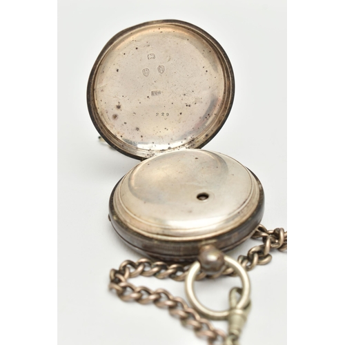 42 - A SILVER OPEN FACE POCKET WATCH AND ALBERT CHAIN, the key wound pocket watch, round white Roman nume... 