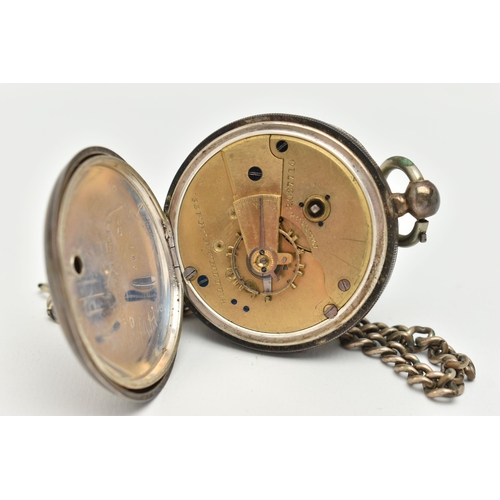 42 - A SILVER OPEN FACE POCKET WATCH AND ALBERT CHAIN, the key wound pocket watch, round white Roman nume... 