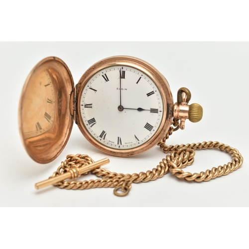 43 - A ROLLED GOLD FULL HUNTER 'ELGIN' POCKET WATCH WITH ALBERT CHAIN, manual wind, round white dial sign... 