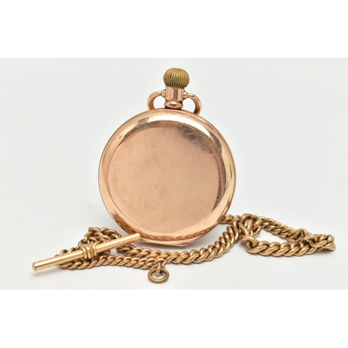 43 - A ROLLED GOLD FULL HUNTER 'ELGIN' POCKET WATCH WITH ALBERT CHAIN, manual wind, round white dial sign... 