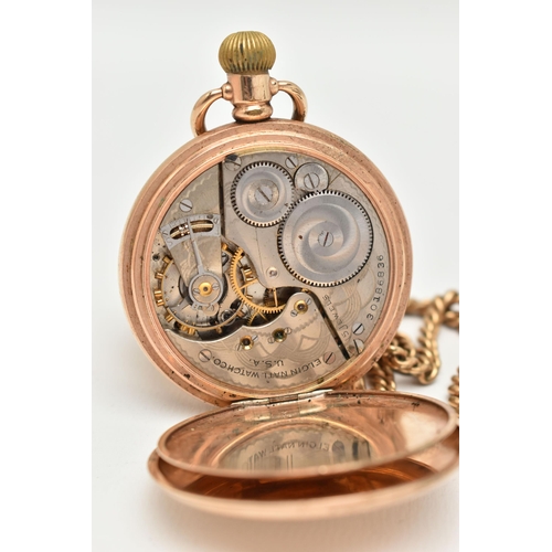 43 - A ROLLED GOLD FULL HUNTER 'ELGIN' POCKET WATCH WITH ALBERT CHAIN, manual wind, round white dial sign... 