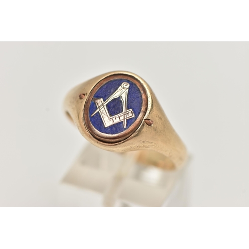 49 - A 9CT GOLD MASONIC SWIVEL SIGNET RING, blue enamel detail with Masonic logo, polished gold with mono... 