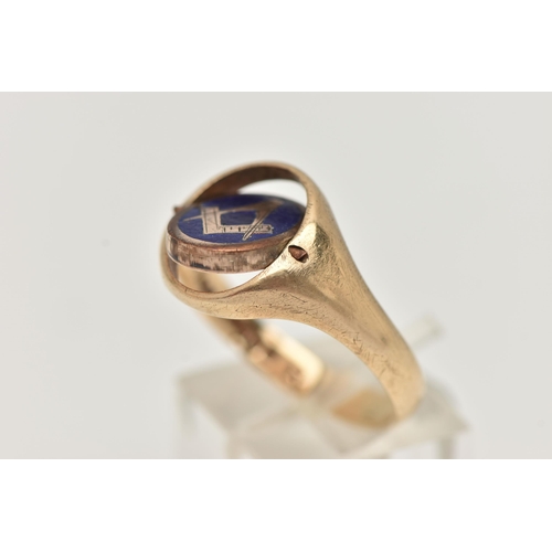 49 - A 9CT GOLD MASONIC SWIVEL SIGNET RING, blue enamel detail with Masonic logo, polished gold with mono... 