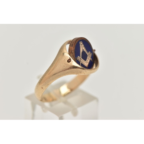 49 - A 9CT GOLD MASONIC SWIVEL SIGNET RING, blue enamel detail with Masonic logo, polished gold with mono... 