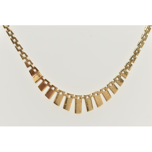 55 - A 9CT GOLD NECKLACE, a yellow gold brick link necklace with fringe detail, fitted with a push pin bo... 