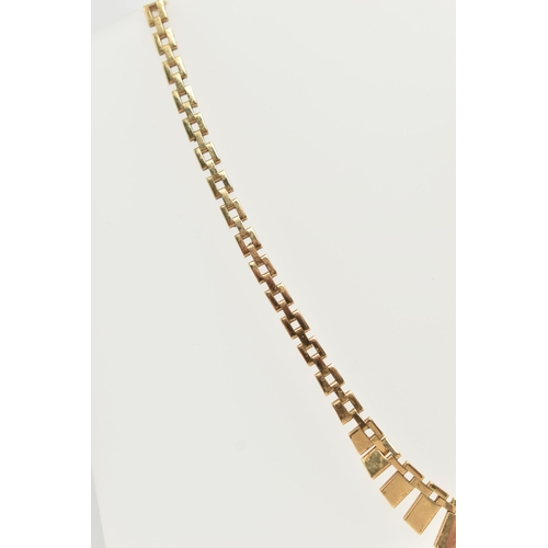 55 - A 9CT GOLD NECKLACE, a yellow gold brick link necklace with fringe detail, fitted with a push pin bo... 