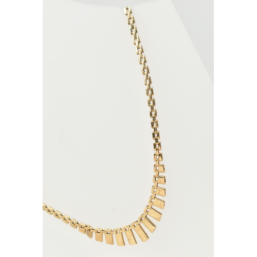 55 - A 9CT GOLD NECKLACE, a yellow gold brick link necklace with fringe detail, fitted with a push pin bo... 