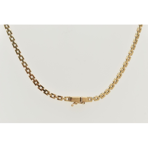 55 - A 9CT GOLD NECKLACE, a yellow gold brick link necklace with fringe detail, fitted with a push pin bo... 