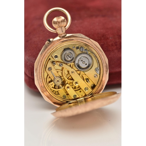 6 - A 12CT GOLD OPEN FACE POCKET WATCH, hand wound movement, floral dial, Roman numerals, yellow gold ca... 