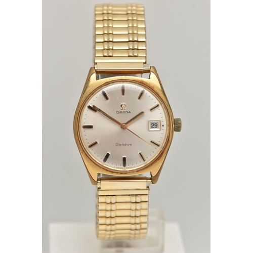 60 - A GENTS GOLD PLATED 'OMEGA' WRISTWATCH, round silver dial signed 'Omega, Geneve', baton markers, dat... 