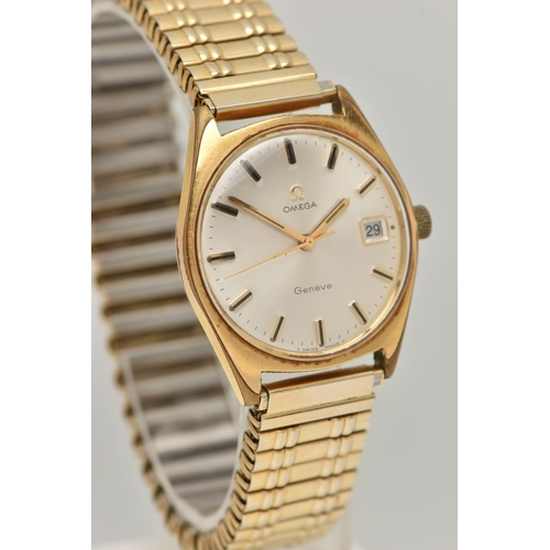 60 - A GENTS GOLD PLATED 'OMEGA' WRISTWATCH, round silver dial signed 'Omega, Geneve', baton markers, dat... 