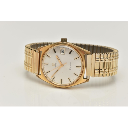 60 - A GENTS GOLD PLATED 'OMEGA' WRISTWATCH, round silver dial signed 'Omega, Geneve', baton markers, dat... 