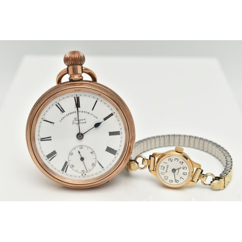 63 - A POCKET WATCH AND WRISTWATCH, the first a manual wind, open face pocket watch, white dial, signed '... 