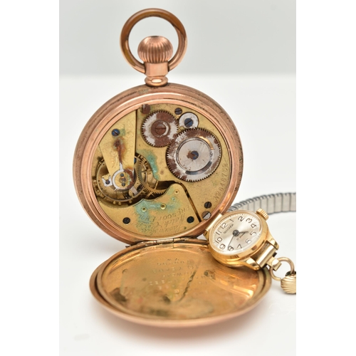 63 - A POCKET WATCH AND WRISTWATCH, the first a manual wind, open face pocket watch, white dial, signed '... 