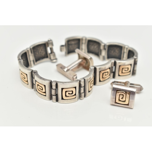 66 - A BI COLOUR GREEK BRACELET AND CUFFLINKS, a white metal bracelet comprised of twelve square panels, ... 